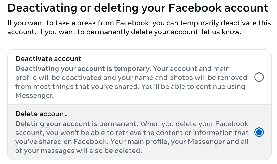 Chọn tùy chọn xóa tài khoản Facebook vĩnh viễn