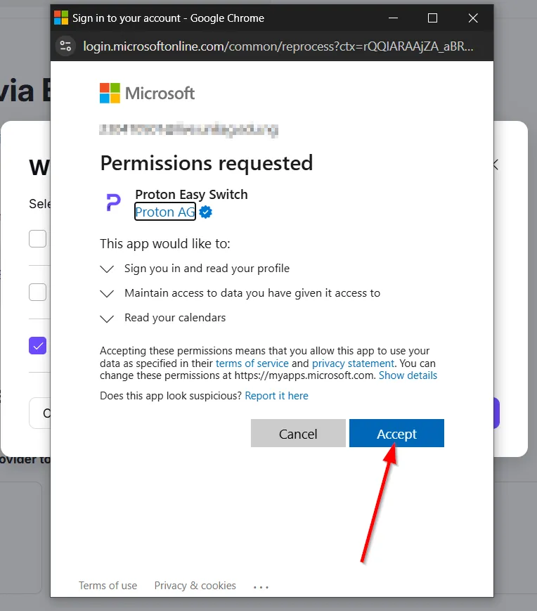 Cửa sổ bật lên đăng nhập tài khoản Microsoft trong Proton web