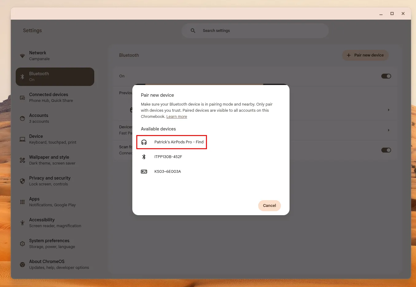 Cửa sổ bật lên trên Chromebook hiển thị các thiết bị Bluetooth sẵn sàng ghép nối, với tên AirPods được tìm thấy