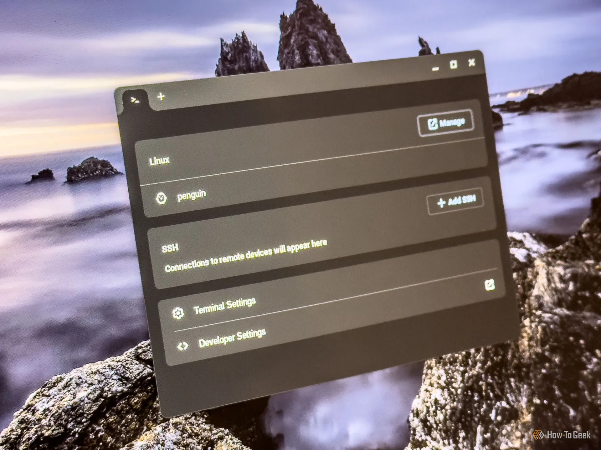 Cửa sổ phiên terminal Linux đang mở trên một chiếc Chromebook, minh họa cách truy cập và sử dụng Linux.