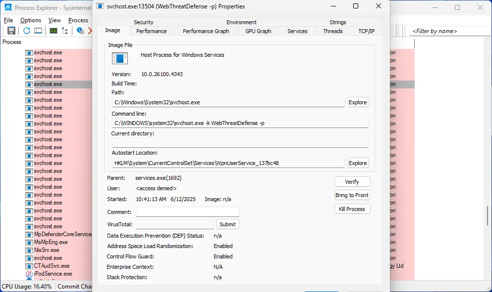 Cửa sổ thuộc tính (Properties) của tiến trình trong Process Explorer