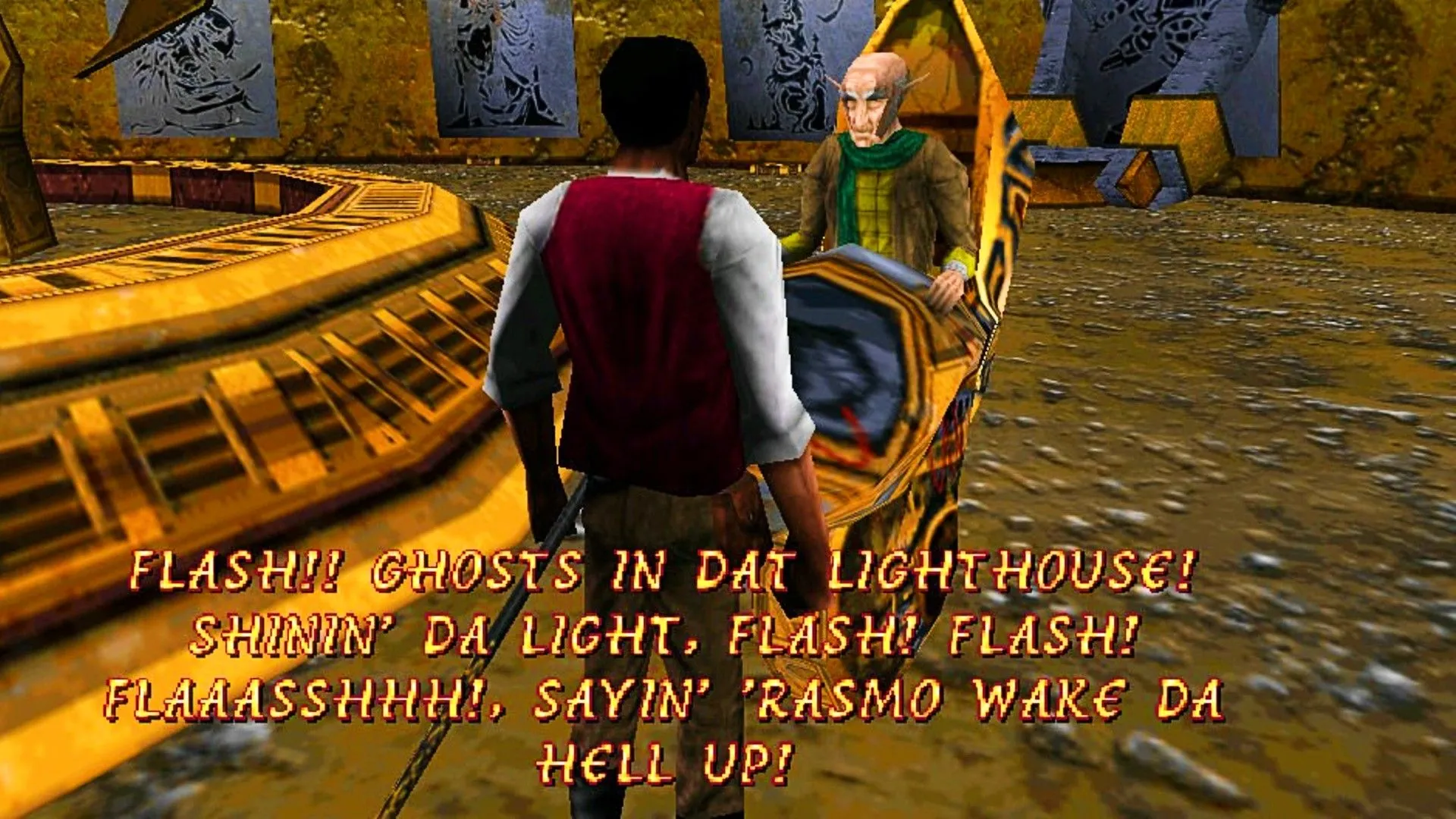 Cyrus, nhân vật chính của The Elder Scrolls Adventures Redguard, trò chuyện với một nhân vật bí ẩn.