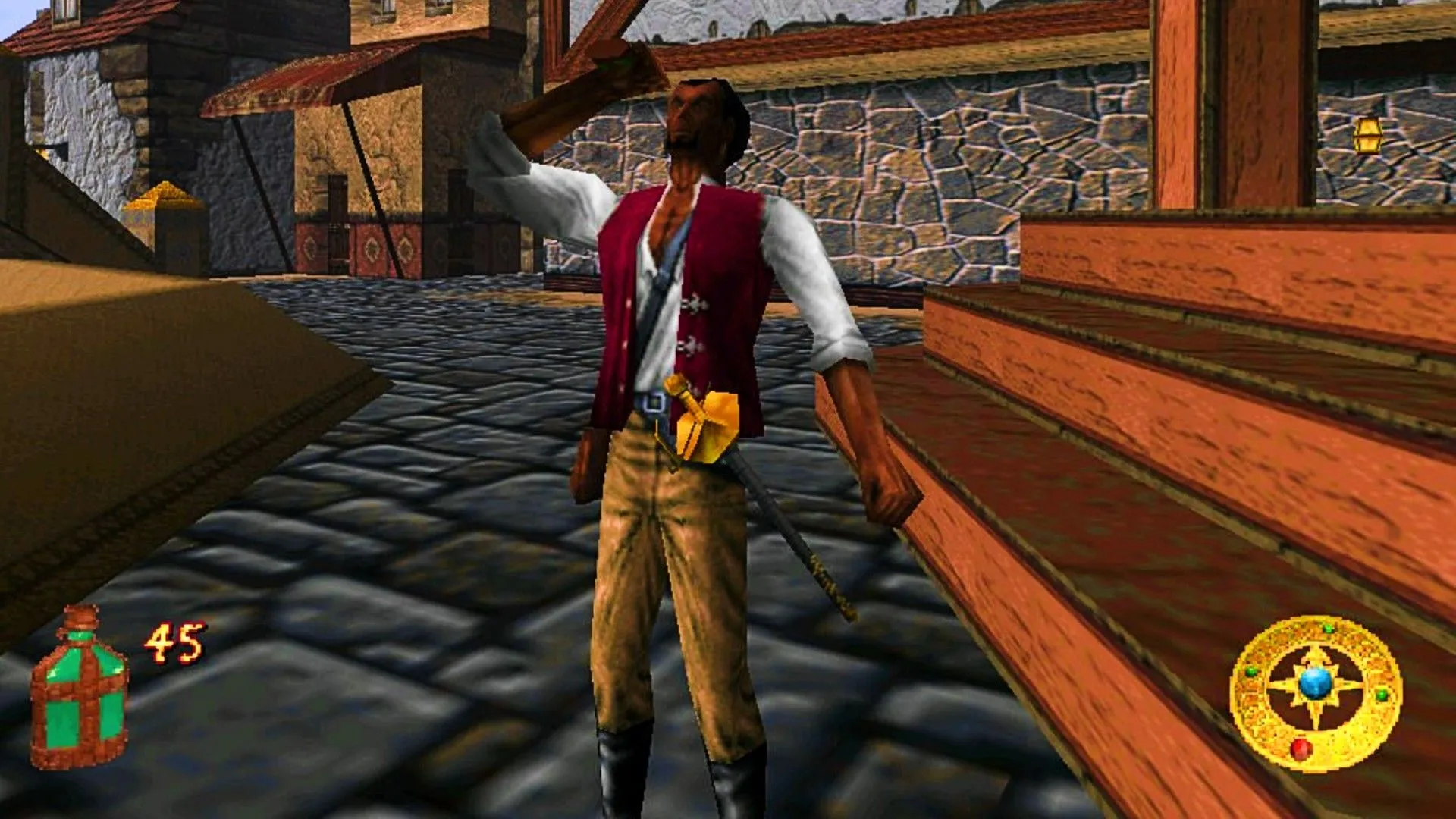 Cyrus sử dụng bình thuốc trong The Elder Scrolls Adventures Redguard, thể hiện lối chơi phiêu lưu độc đáo.