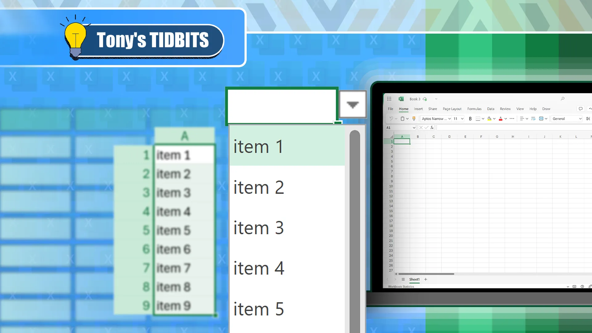 Danh sách thả xuống trong Microsoft Excel với một cột bên trái chứa các mục danh sách và một laptop bên phải