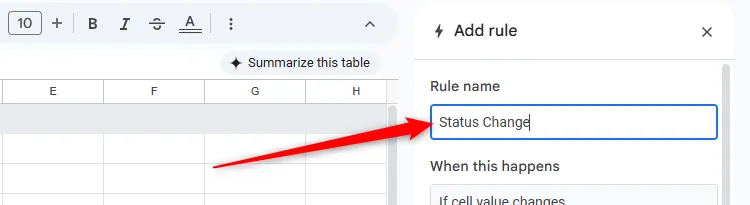 Đặt tên quy tắc thông báo có điều kiện trong Google Sheets thành &quot;Status Change&quot;
