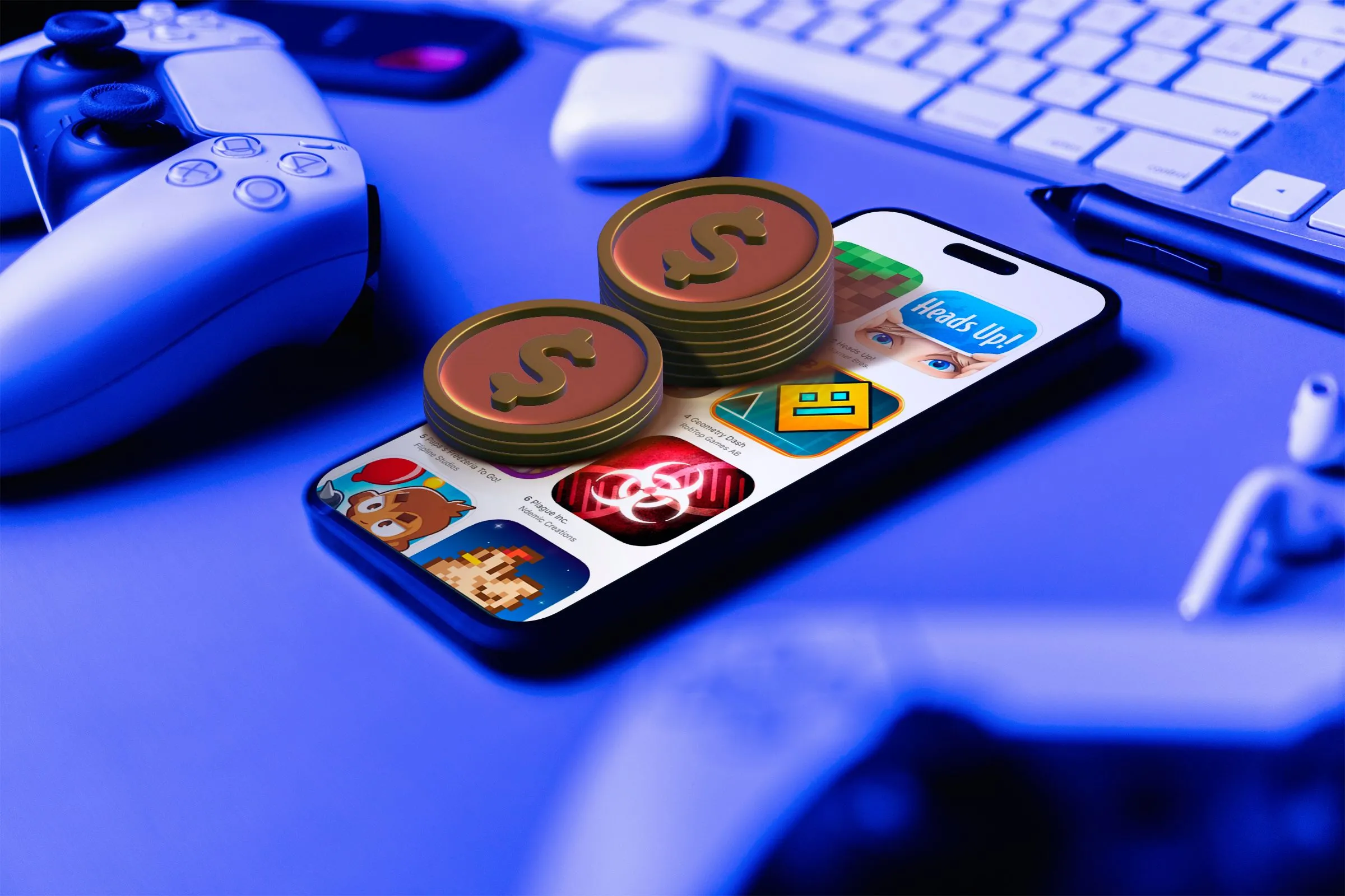 Điện thoại hiển thị game di động cùng tay cầm chơi game và tiền xu, minh họa sự giao thoa giữa game console và game mobile cùng vấn đề kiếm tiền trong game.