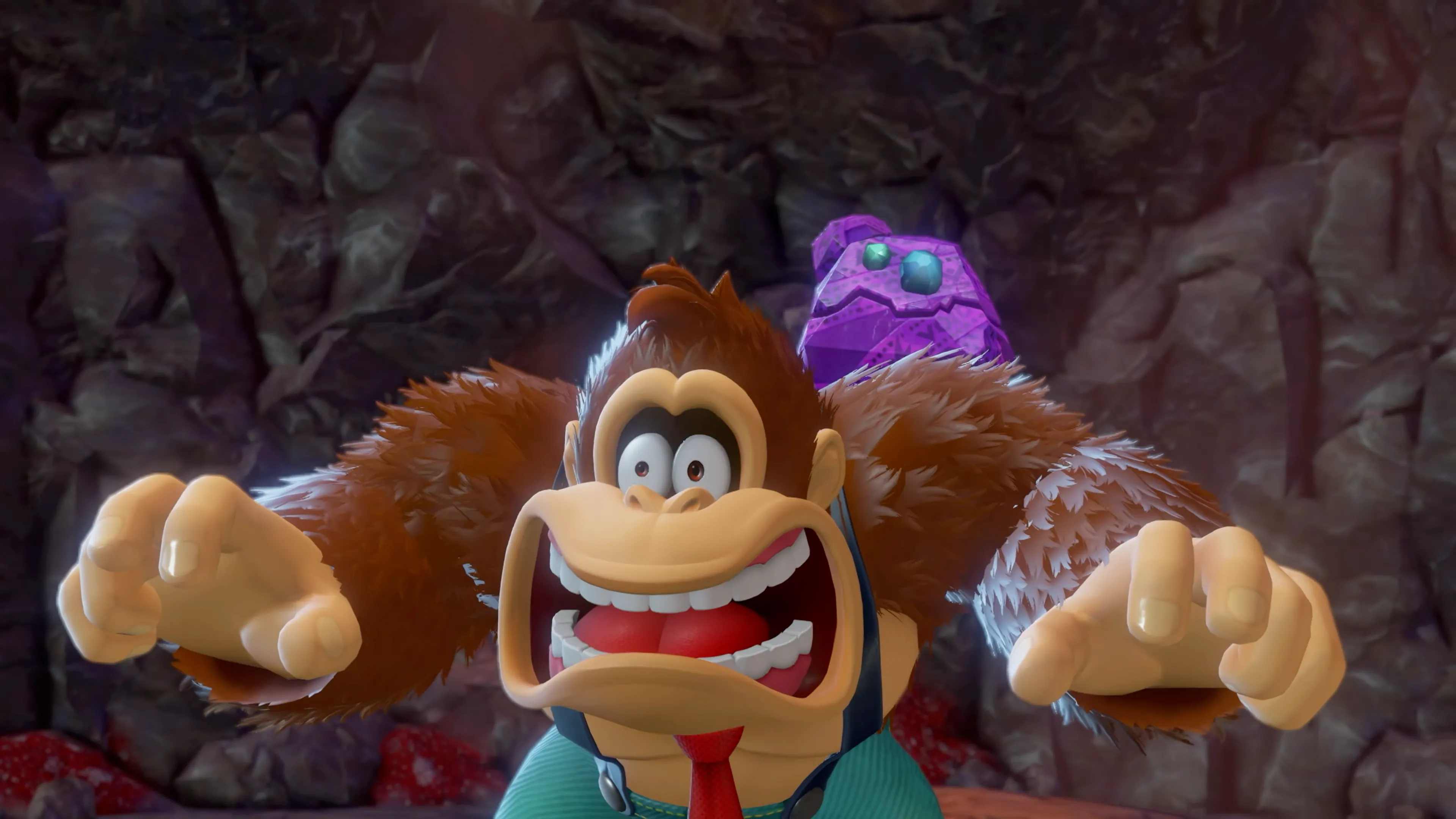 Donkey Kong với biểu cảm ngạc nhiên trong tựa game Donkey Kong Bananza trên Switch 2