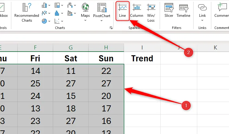 Dữ liệu đã chọn trong bảng Excel cùng với tùy chọn Sparklines dạng Line trong tab Insert.
