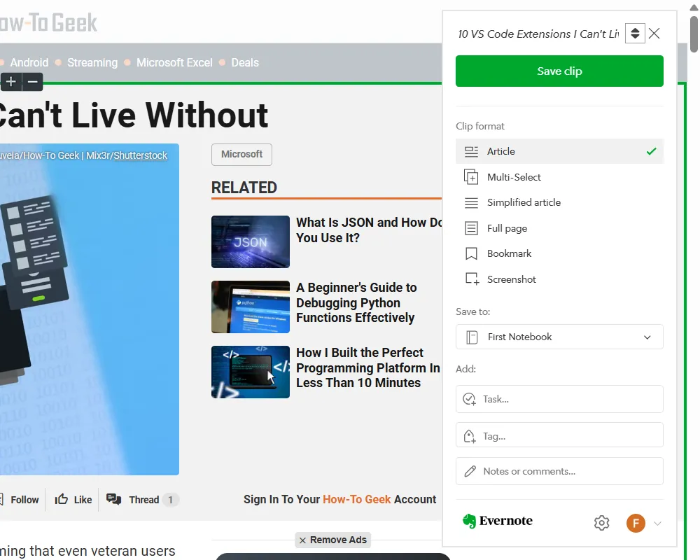 Evernote Web Clipper đang ghi lại nội dung một trang web trên Chrome
