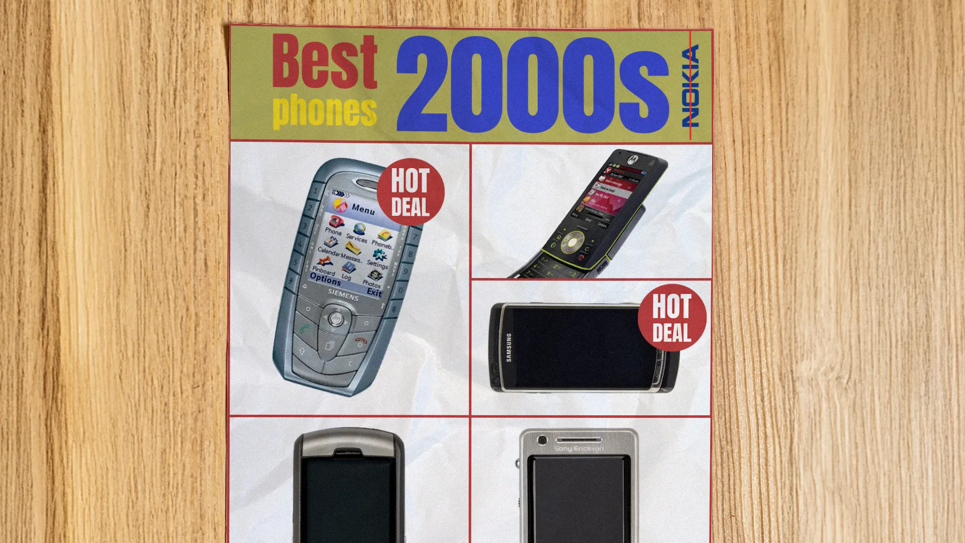 Flyer phong cách retro về các mẫu điện thoại 'cục gạch' tiêu biểu của thập niên 2000, với logo Nokia bị gạch bỏ và nhiều thiết bị cổ điển khác.