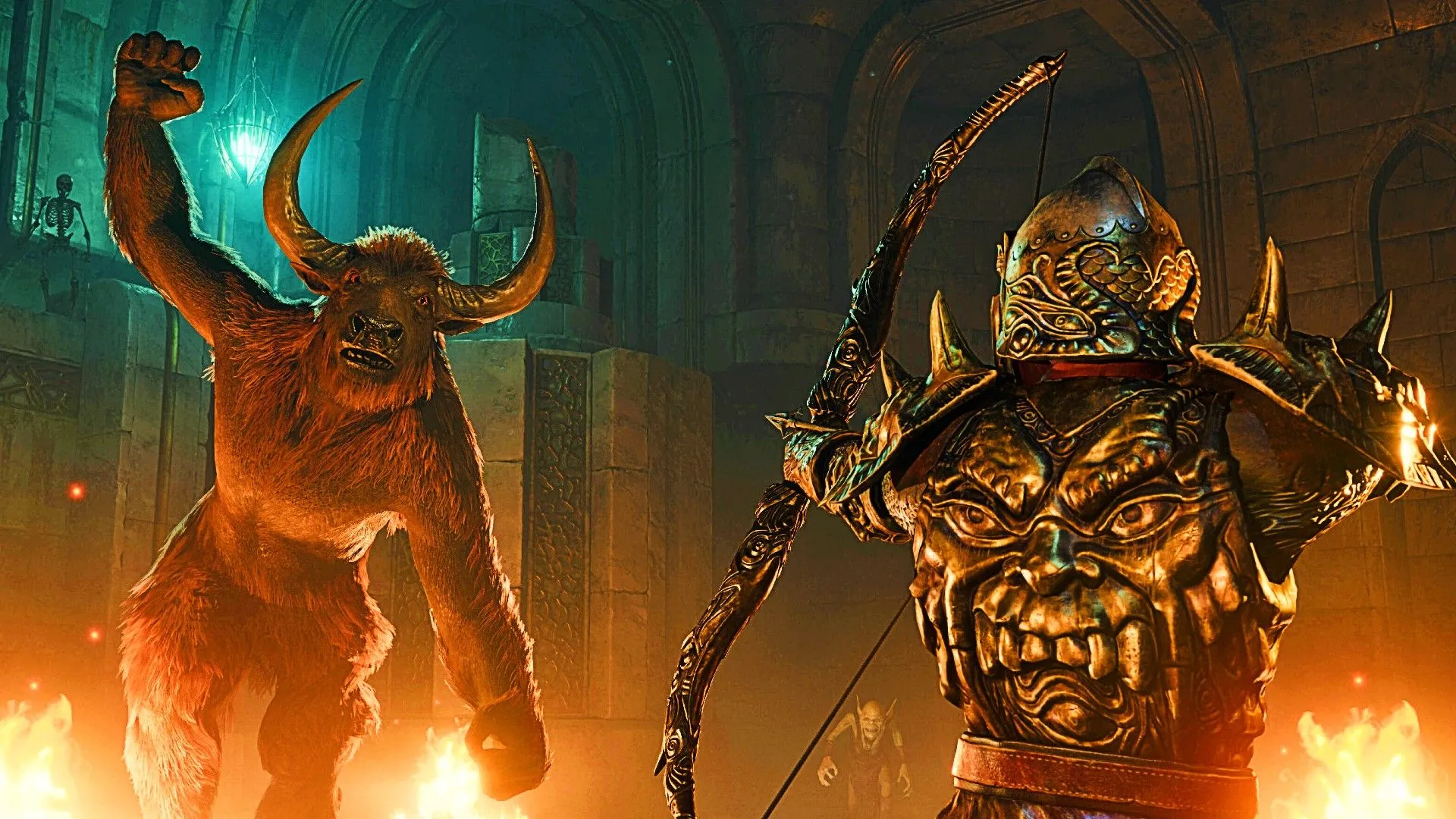 Game thủ mặc giáp toàn thân sử dụng cung tên tấn công quái vật Minotaur gần đống lửa trong The Elder Scrolls IV Oblivion Remastered
