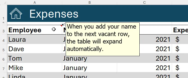 Ghi chú trong một ô Excel hướng dẫn người dùng khi nhập liệu