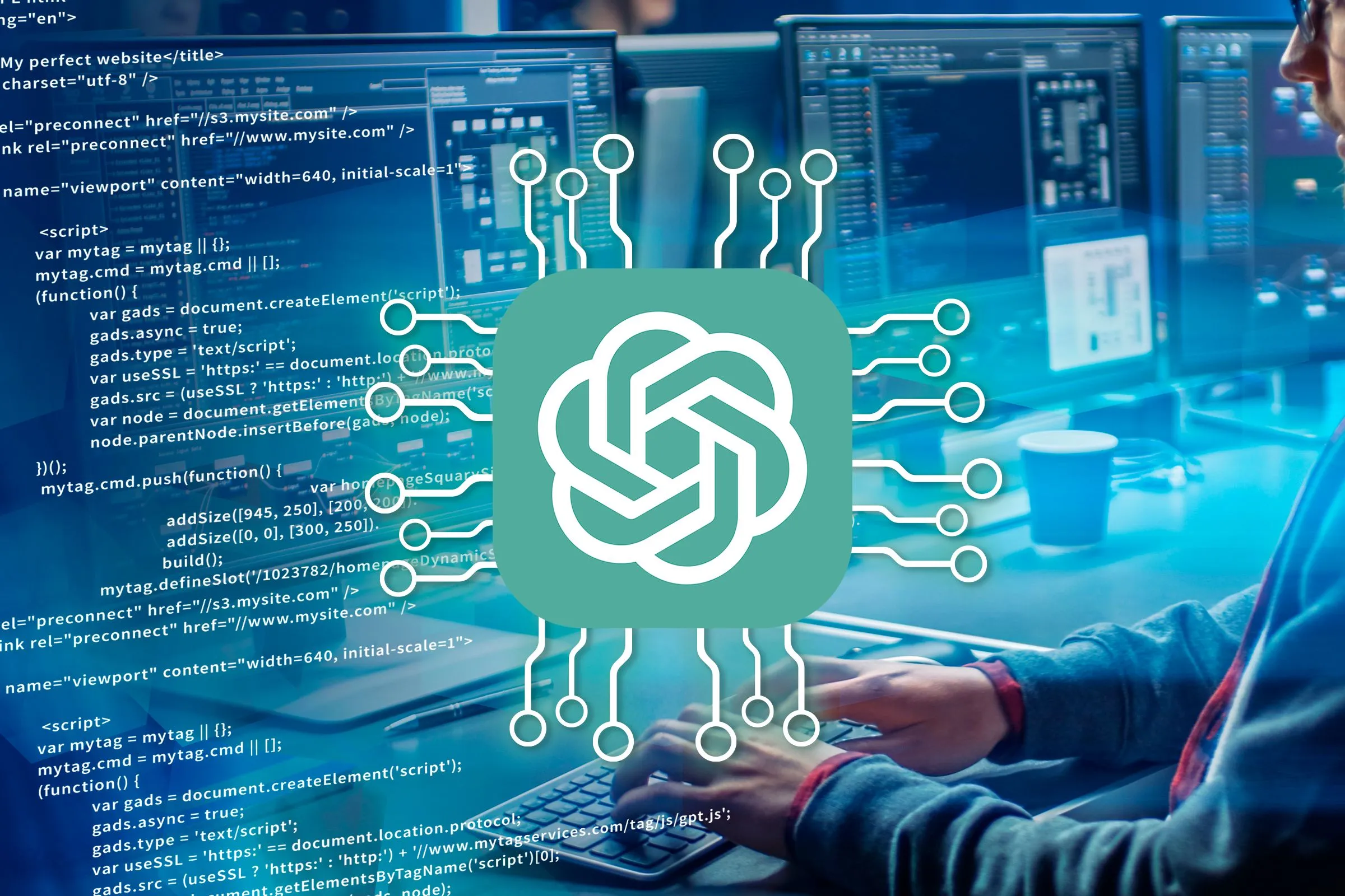 Giao diện ChatGPT với mã lập trình và hình ảnh một lập trình viên làm việc trên máy tính