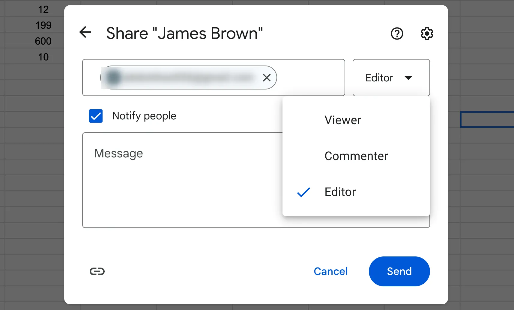 Giao diện chia sẻ tài liệu Google Sheet với khách hàng, thể hiện tính năng cộng tác hiệu quả.