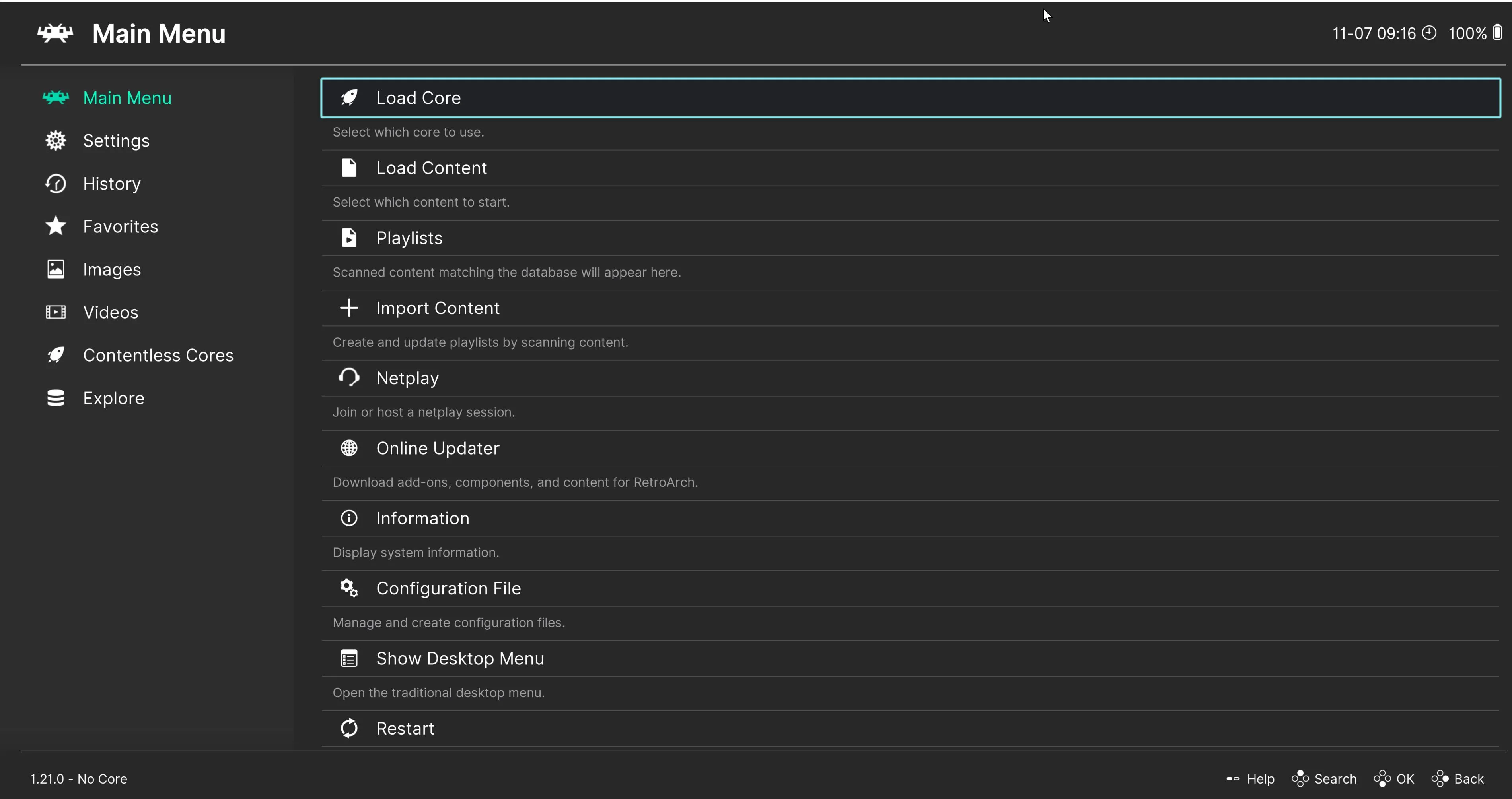 Giao diện chính của RetroArch trên Windows 11, với menu tùy chọn và danh sách các cores giả lập.