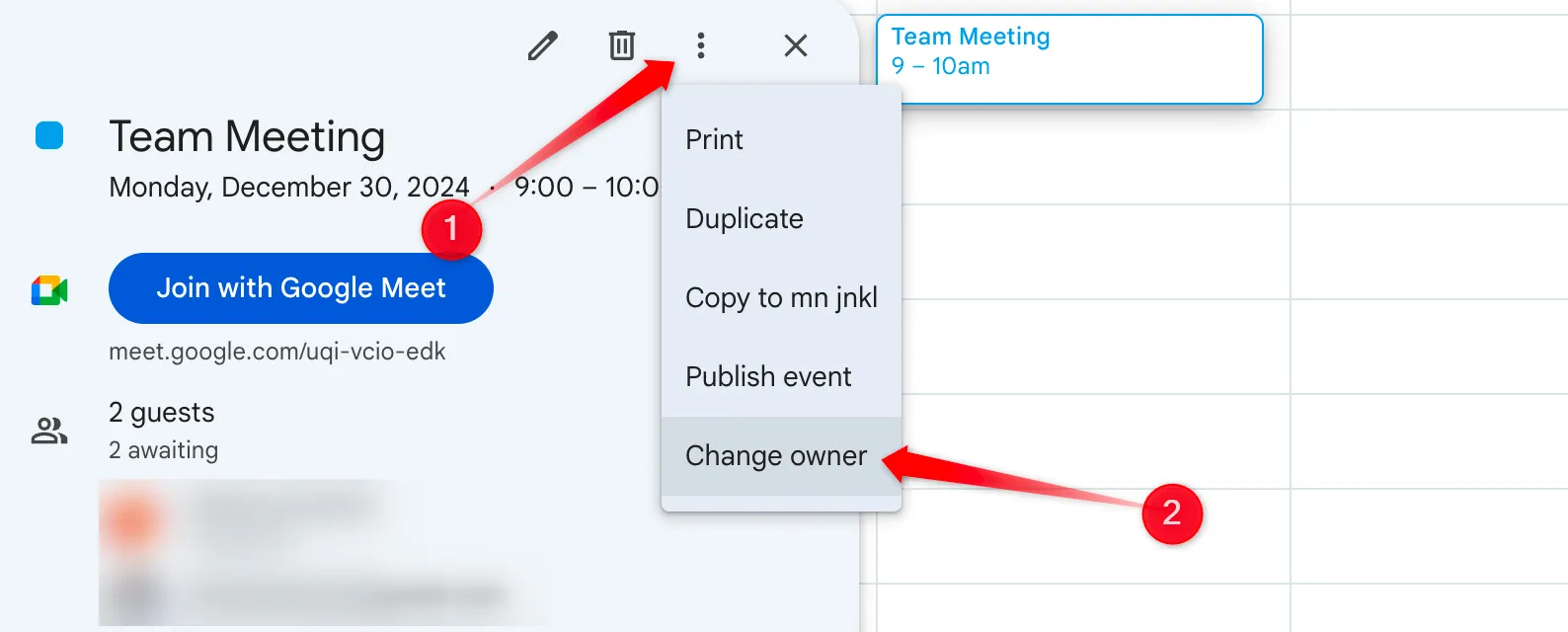 Giao diện chuyển quyền sở hữu sự kiện trong Google Calendar cho người dùng khác quản lý.