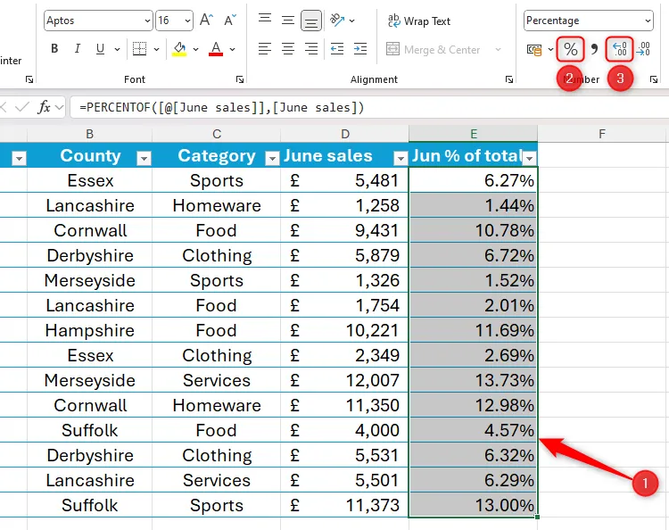 Giao diện Excel minh họa cách chọn định dạng phần trăm và tăng số thập phân cho cột kết quả của hàm PERCENTOF.
