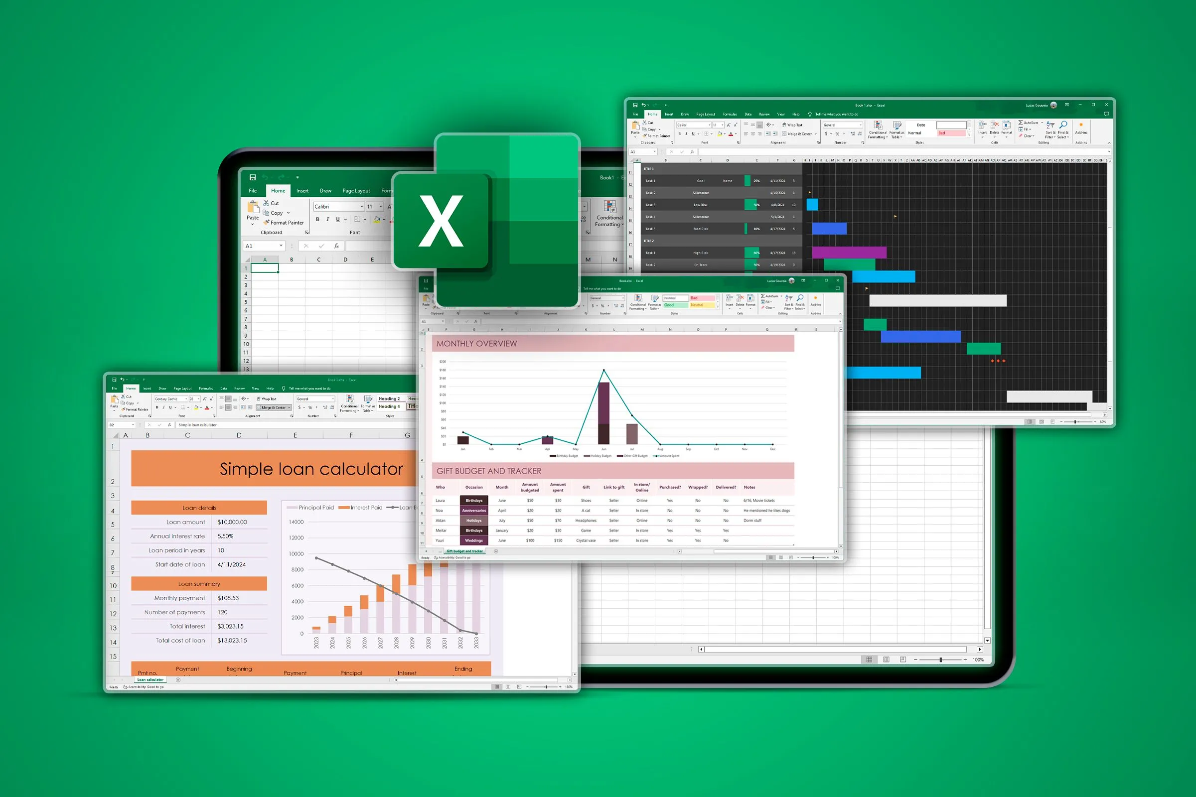 Giao diện Excel với nhiều loại bảng tính và logo Excel