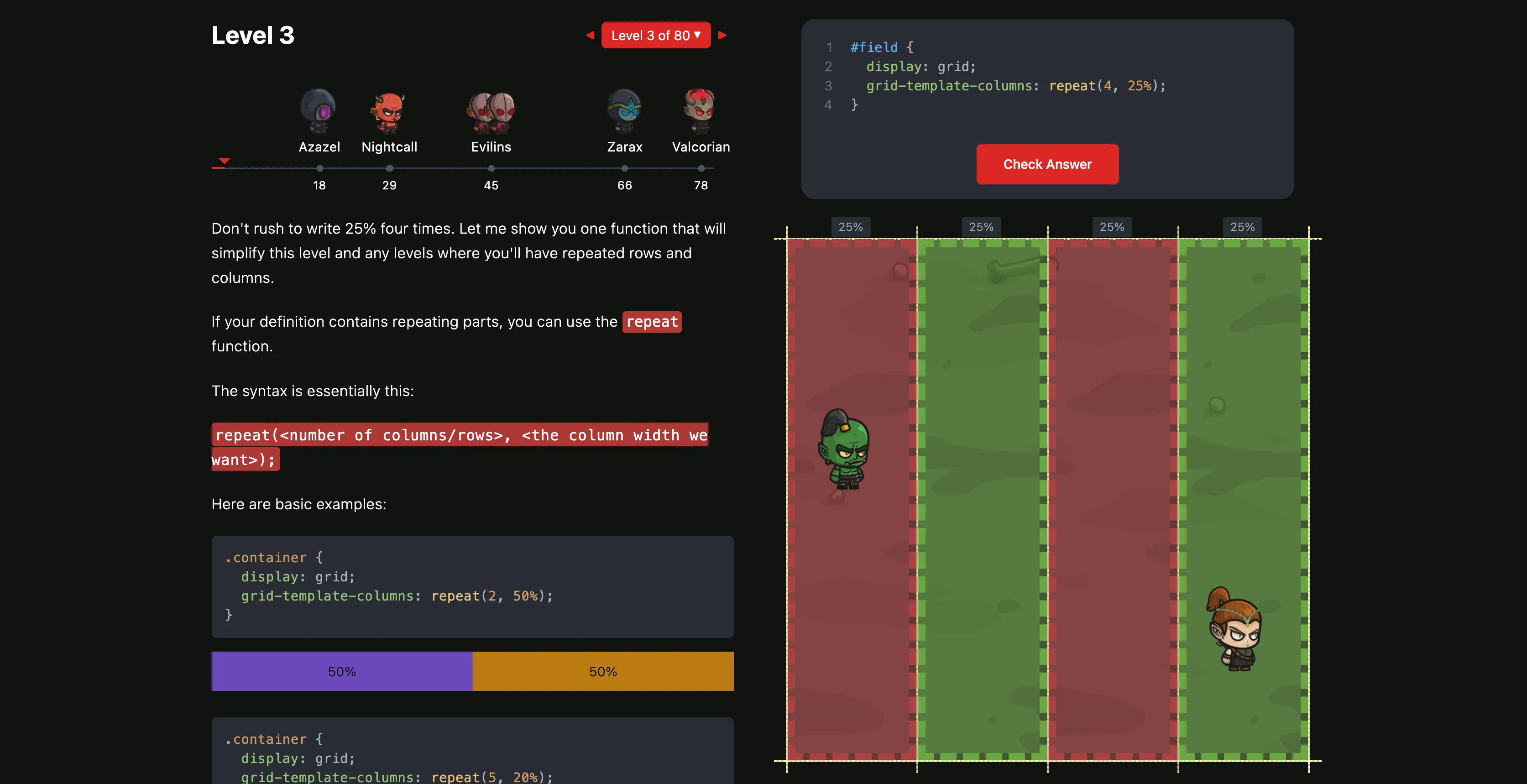 Giao diện game Grid Attack của Coding Fantasy, nơi người chơi sử dụng CSS Grid để điều khiển nhân vật và vượt qua thử thách.