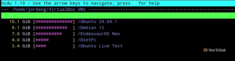 Giao diện ncdu trong Terminal Linux hiển thị các thư mục con của VirtualBox.