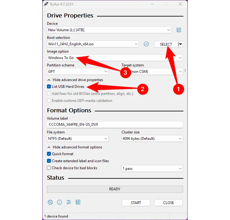 Giao diện phần mềm Rufus hiển thị các tùy chọn quan trọng để tạo bản cài đặt Windows di động.