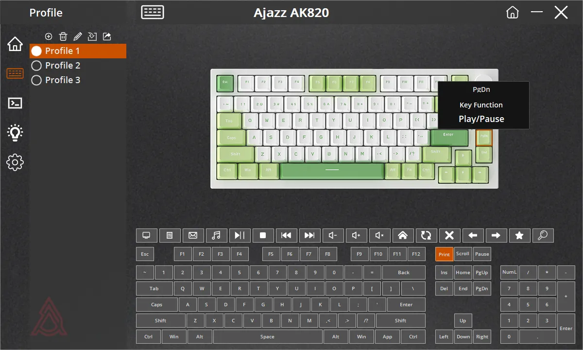 Giao diện phần mềm tùy chỉnh bàn phím Ajazz AK820, hiển thị chức năng Play/Pause được gán cho phím PgDn như một giải pháp tạm thời cho phím media.