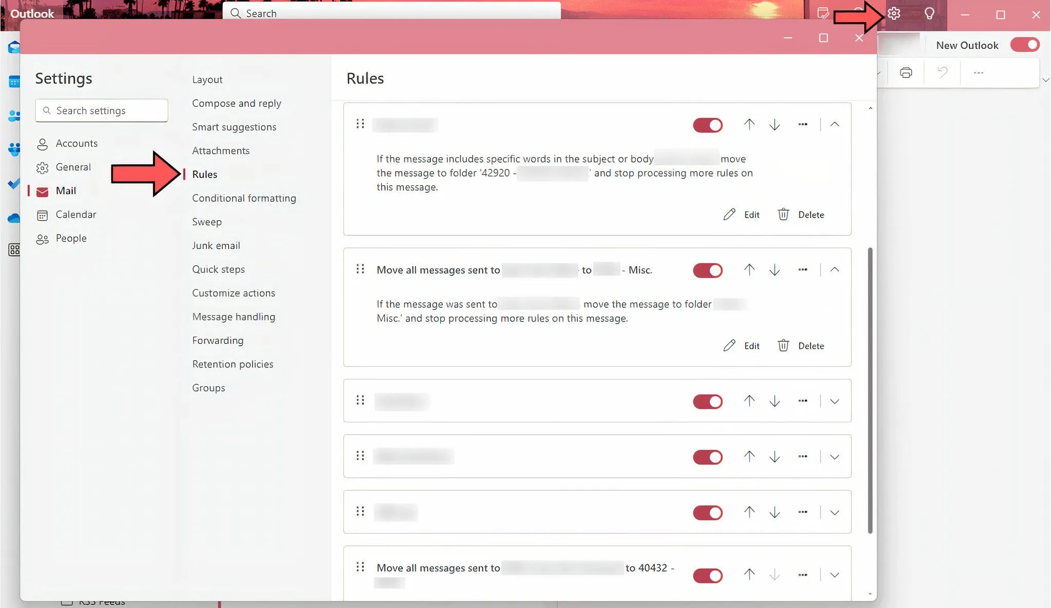 Giao diện quản lý các quy tắc hiện có trong Outlook, cho phép chỉnh sửa hoặc xóa.