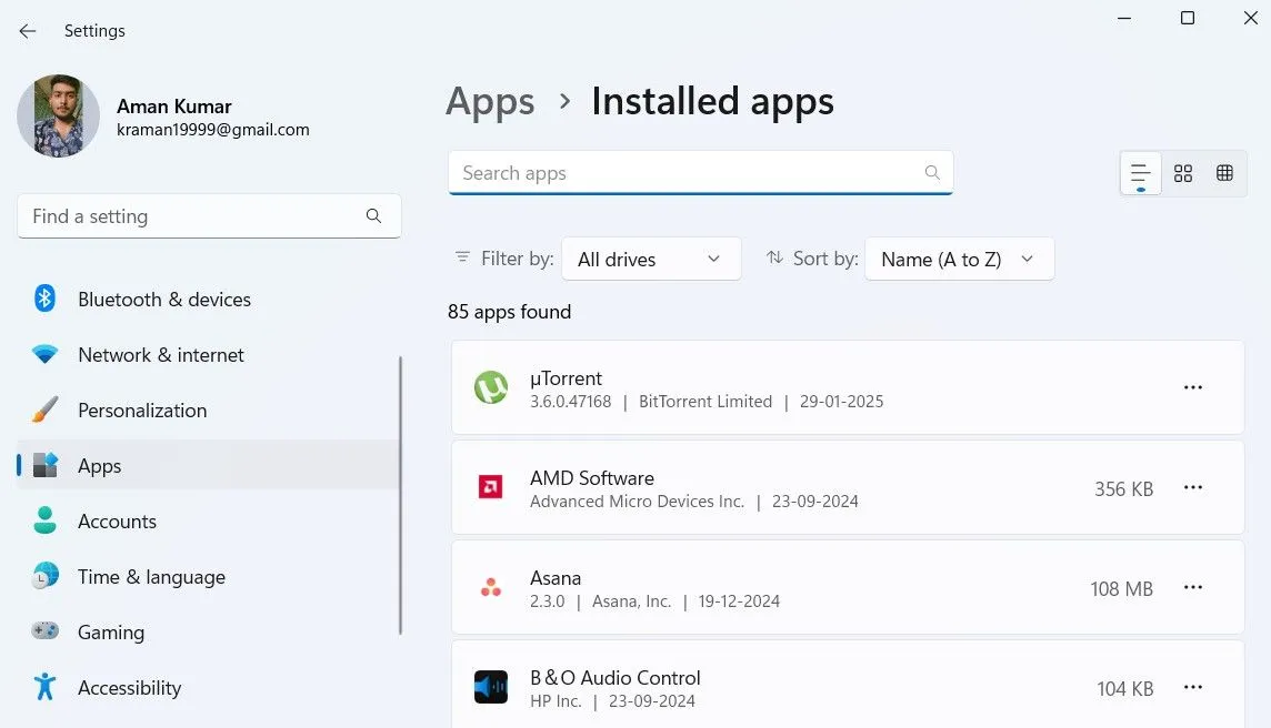 Giao diện quản lý ứng dụng đã cài đặt trong cài đặt Windows 11