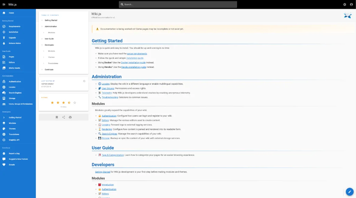 Giao diện quản trị Wiki.js với các hướng dẫn cài đặt và tùy chọn mô-đun