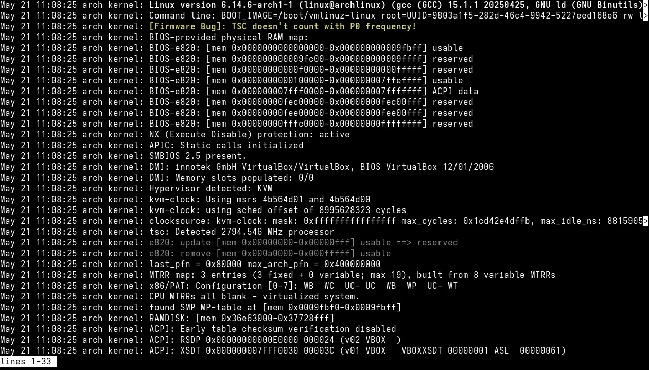 Giao diện terminal hiển thị kết quả lệnh journalctl để đọc nhật ký hệ thống systemd trên Linux