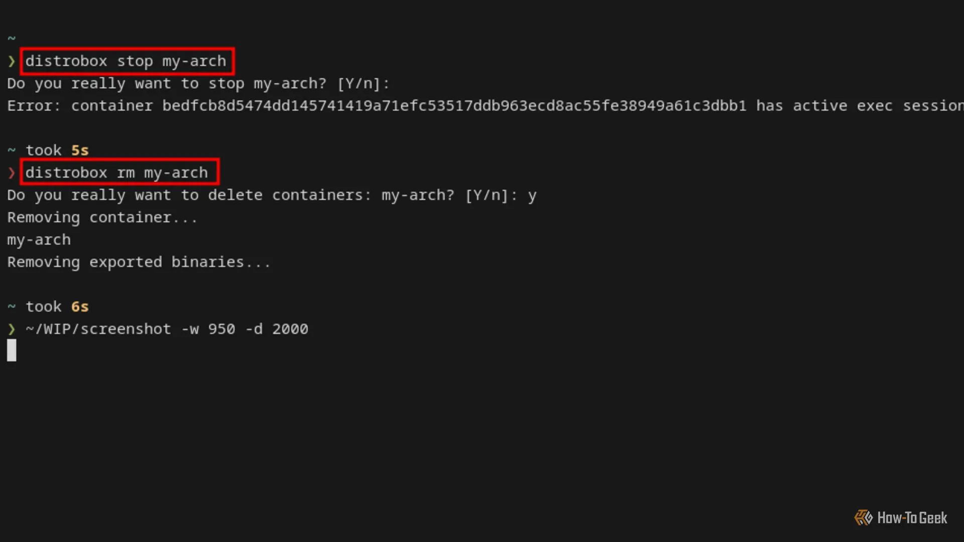 Giao diện terminal Linux hiển thị các lệnh để dừng và xóa container Distrobox, mô tả các thao tác quản lý vòng đời container.