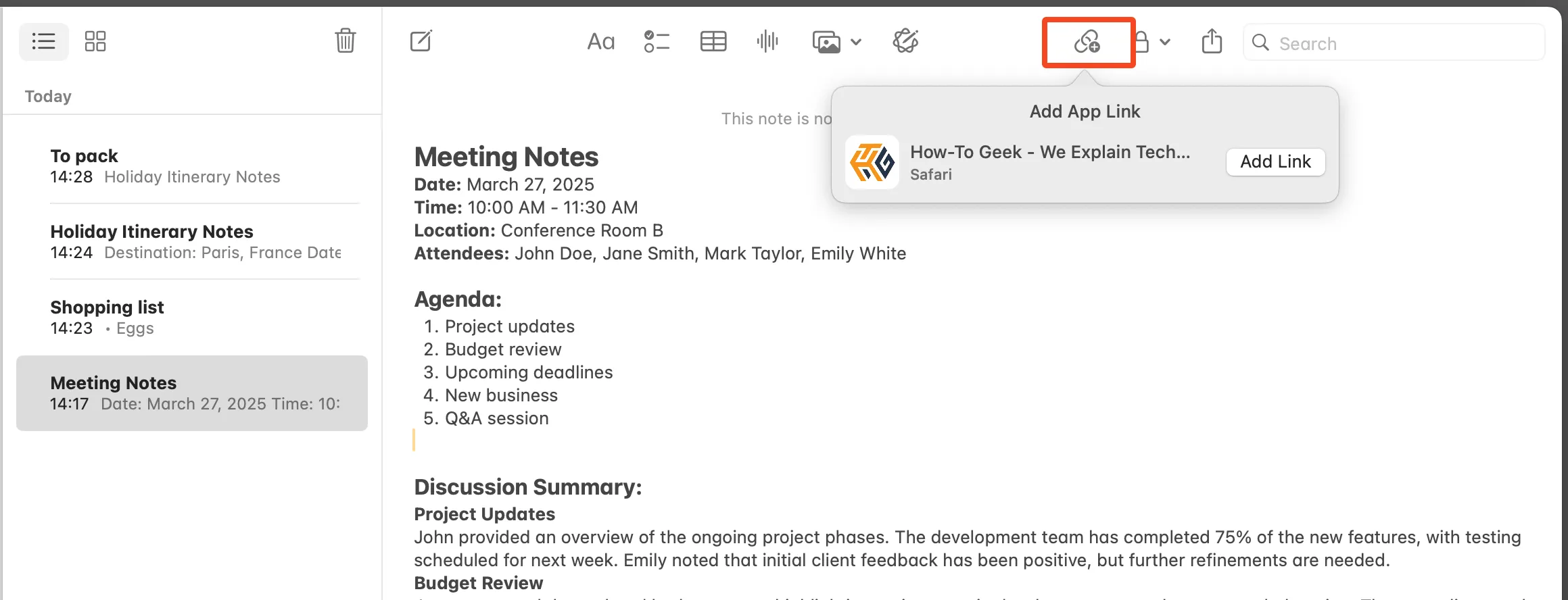 Giao diện thêm liên kết website nhanh chóng vào ghi chú Apple Notes.