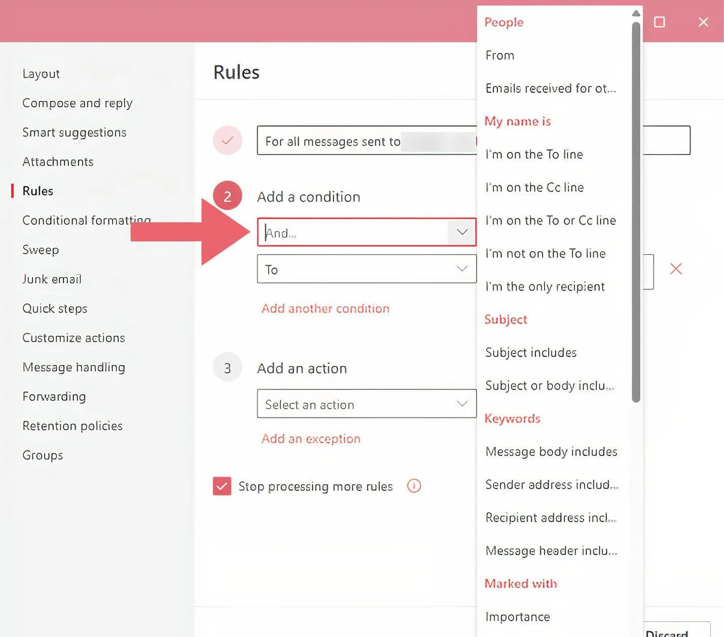 Giao diện thiết lập quy tắc trong Outlook, hiển thị ô đặt tên và các điều kiện áp dụng.