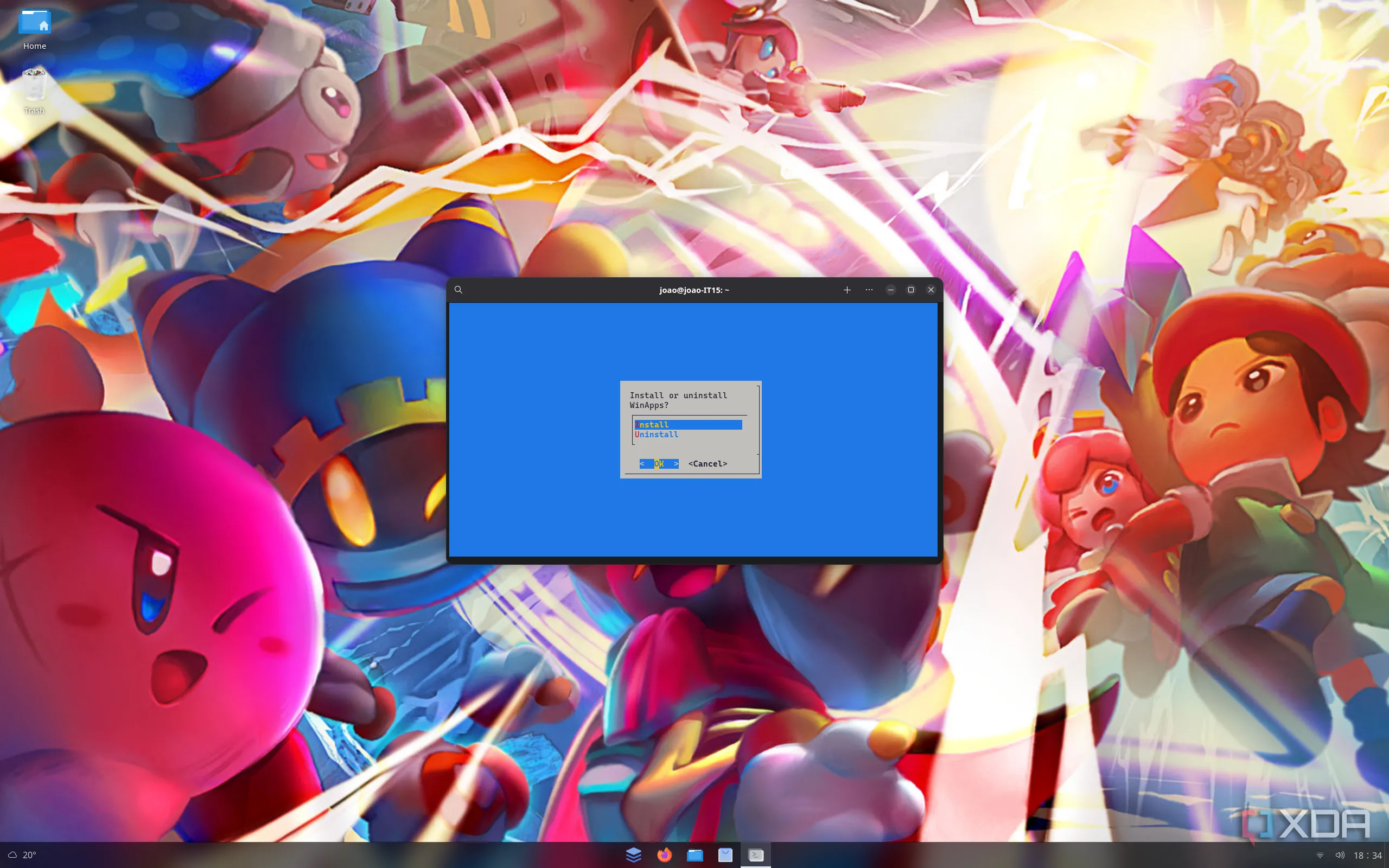 Giao diện thiết lập WinApps trên một desktop Linux, minh họa tùy chọn cài đặt hoặc gỡ bỏ ứng dụng.