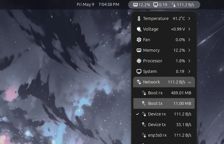 Giao diện tiện ích mở rộng GNOME Vitals hiển thị chi tiết hoạt động mạng, tốc độ tải lên và tải xuống, giúp người dùng giám sát lưu lượng truy cập trên Linux.