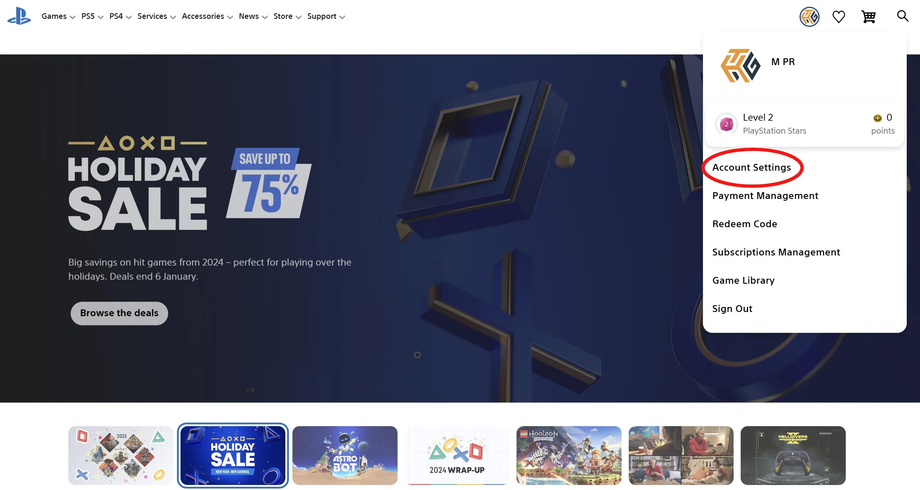 Giao diện trang chủ website PlayStation, khoanh tròn biểu tượng hồ sơ người dùng để truy cập cài đặt