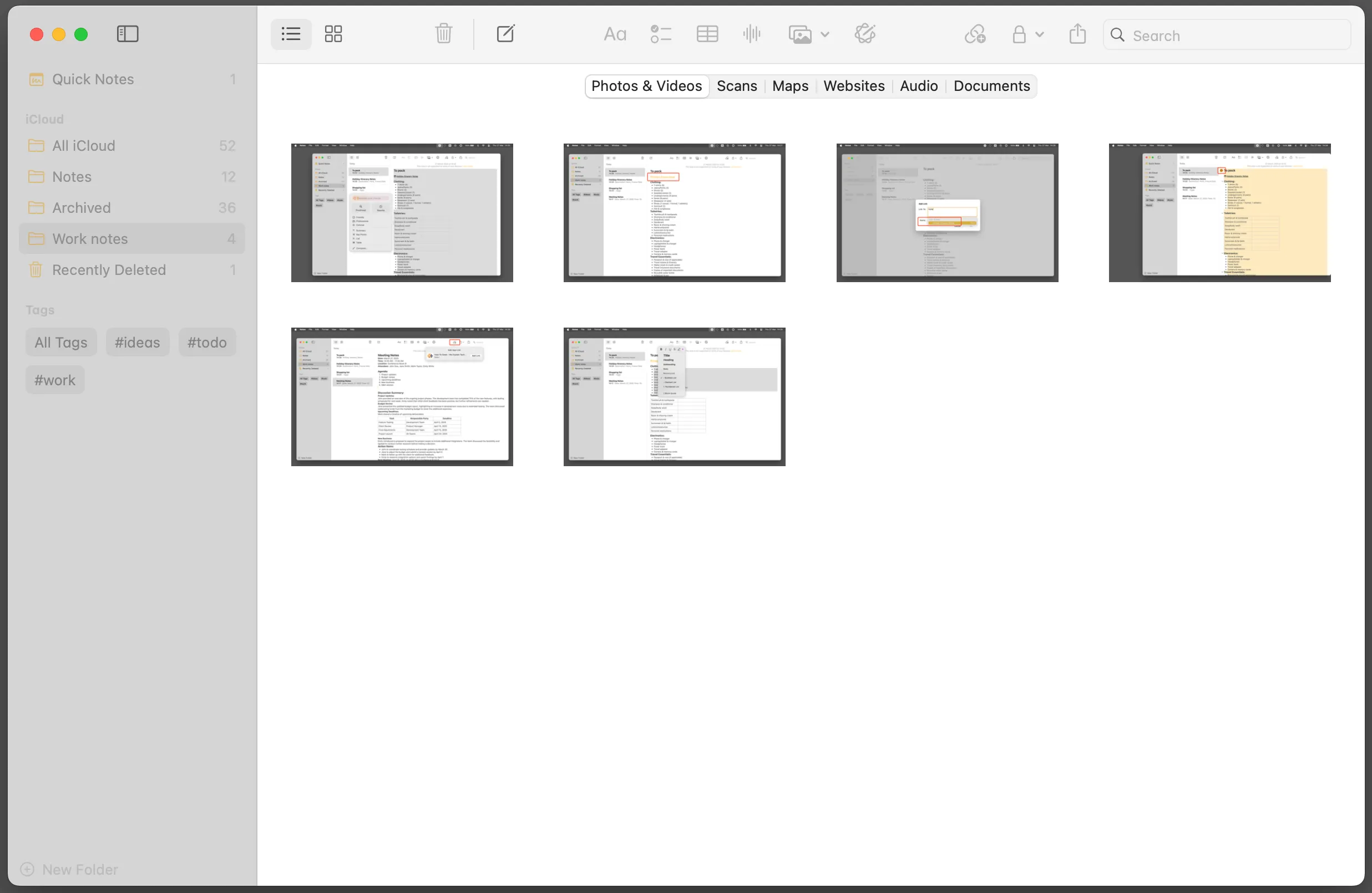 Giao diện trình duyệt tệp đính kèm trong Apple Notes giúp quản lý dữ liệu.
