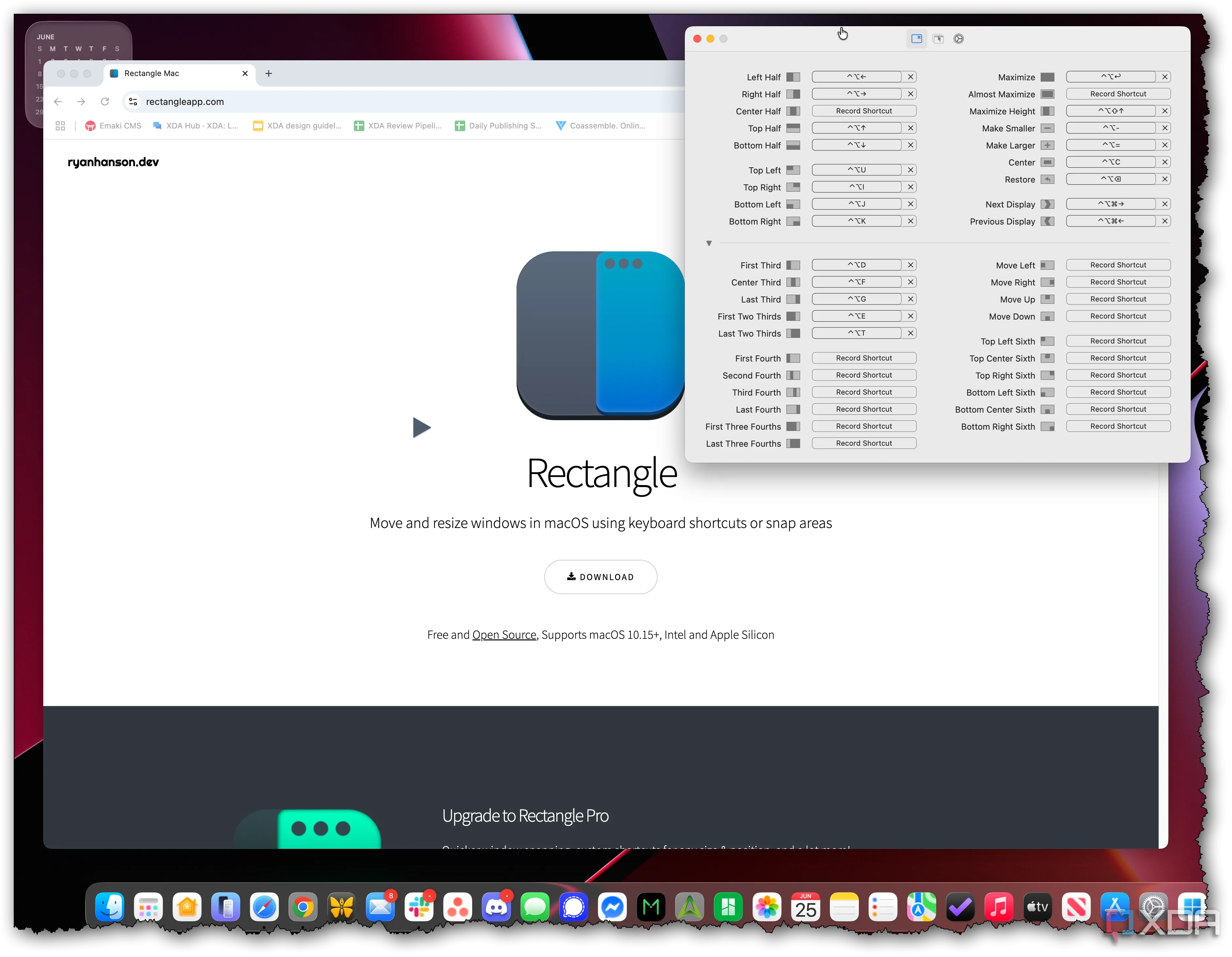 Giao diện ứng dụng Rectangle cho macOS, hiển thị cách sắp xếp cửa sổ màn hình hiệu quả
