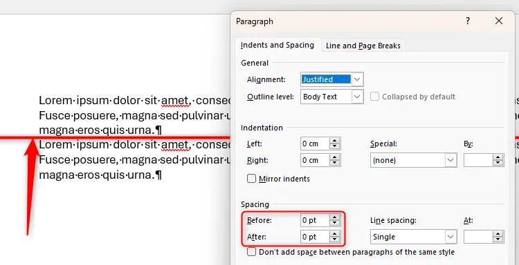 Hai đoạn văn bản trong Microsoft Word không có khoảng cách do Spacing Before và Spacing After đều là 0pt