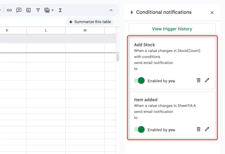 Hai quy tắc thông báo có điều kiện đã được thiết lập trong Google Sheets