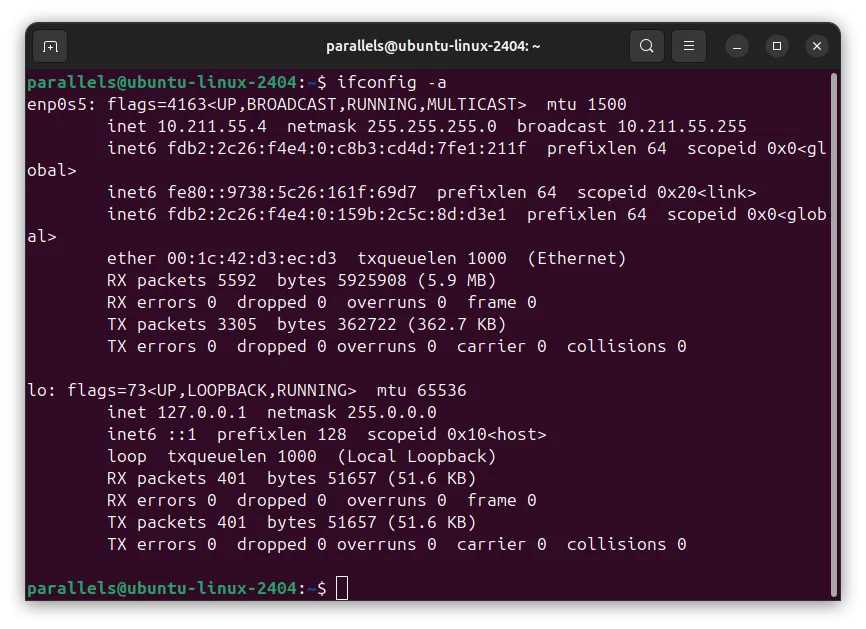 Hiển thị kết quả lệnh ifconfig -a trên Terminal Ubuntu Linux để kiểm tra địa chỉ IP