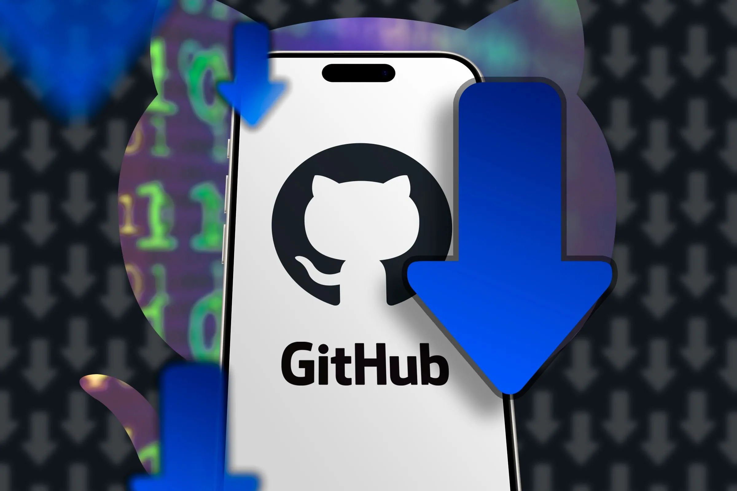 Hình ảnh điện thoại thông minh hiển thị logo GitHub, bao quanh là các biểu tượng tải xuống, tượng trưng cho việc tìm kiếm và tải phần mềm mã nguồn mở từ GitHub để bảo vệ máy tính Linux.