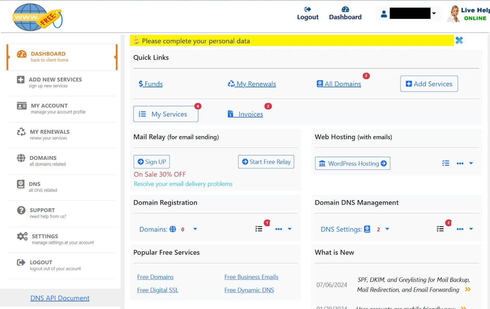 Hình ảnh giao diện người dùng (UI) lỗi thời của Free Domain, trông giống các website từ đầu những năm 2000