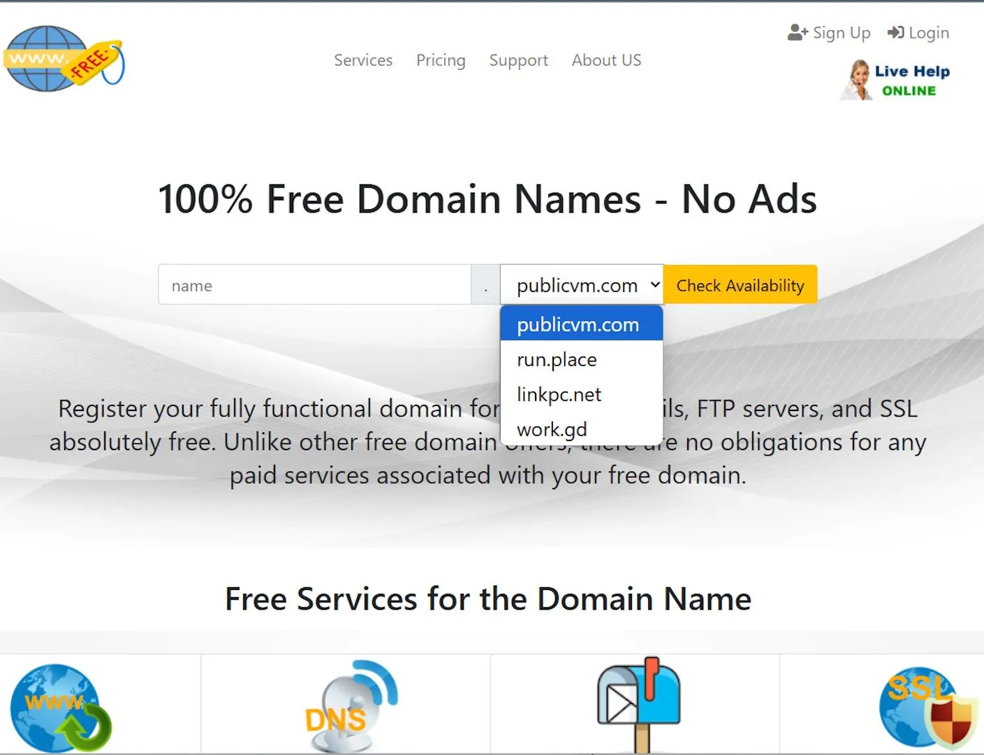 Hình ảnh hiển thị các tùy chọn TLD miễn phí có sẵn trên Free Domain