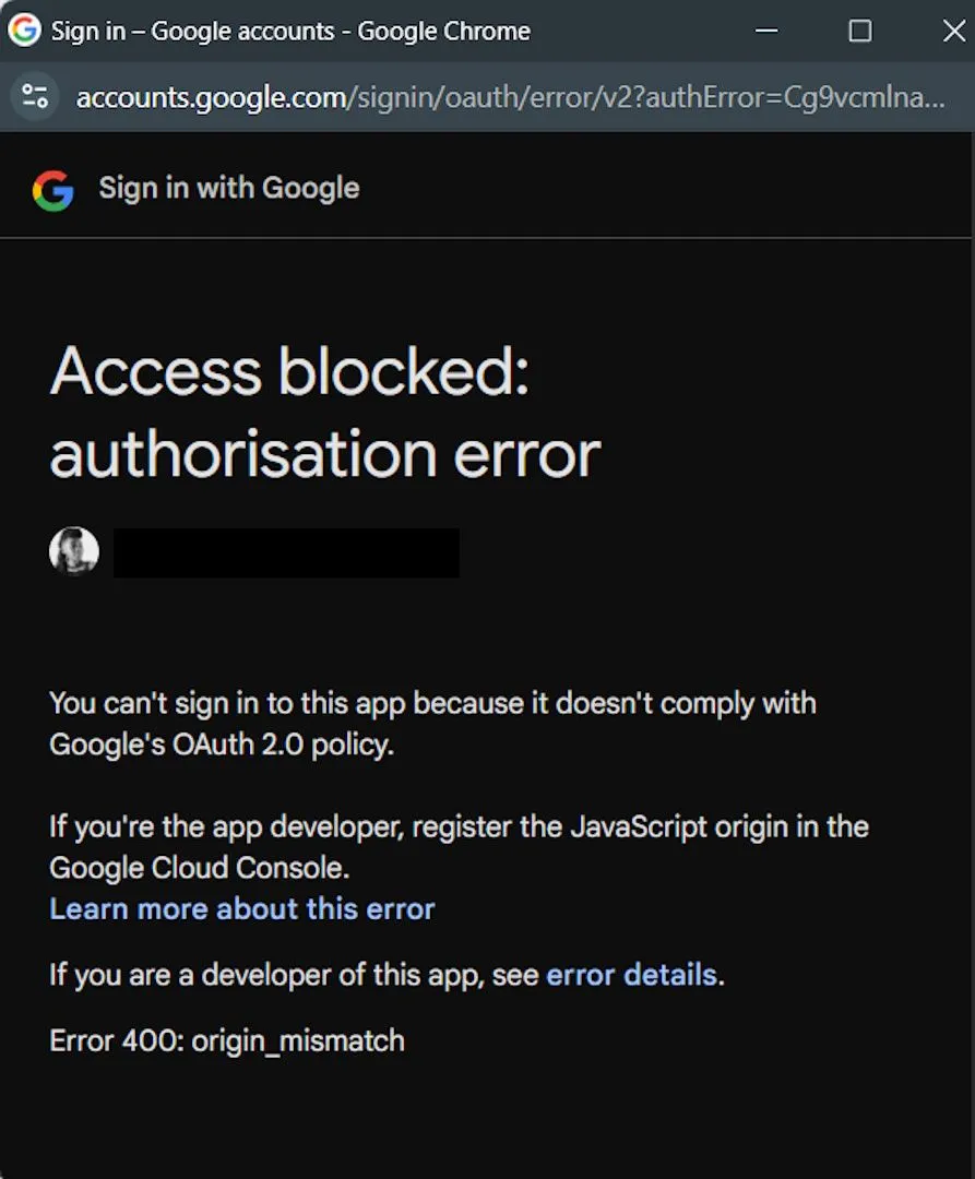 Hình ảnh hiển thị thông báo lỗi khi đăng nhập Single Sign-On (SSO) bằng Google trên Free Domain