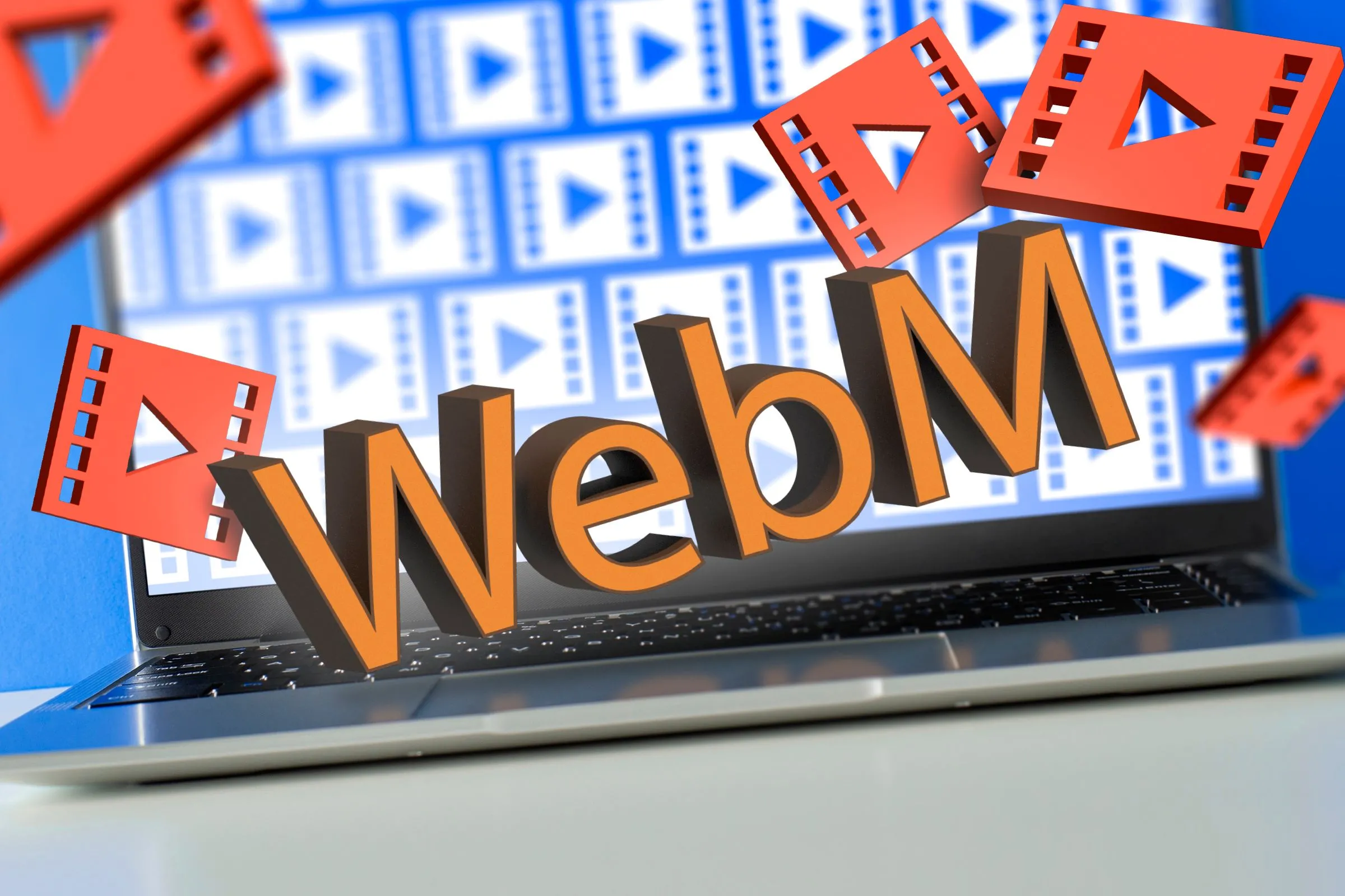 Hình ảnh laptop hiển thị các biểu tượng tập tin video như MP4 và WEBM, so sánh với định dạng GIF