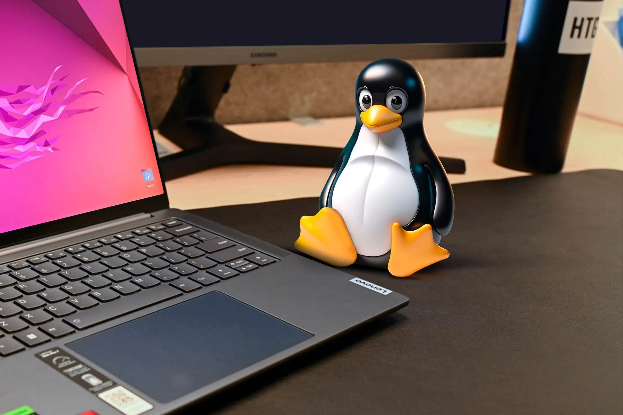 Hình ảnh linh vật Linux bên cạnh laptop, tượng trưng cho thế giới mã nguồn mở.