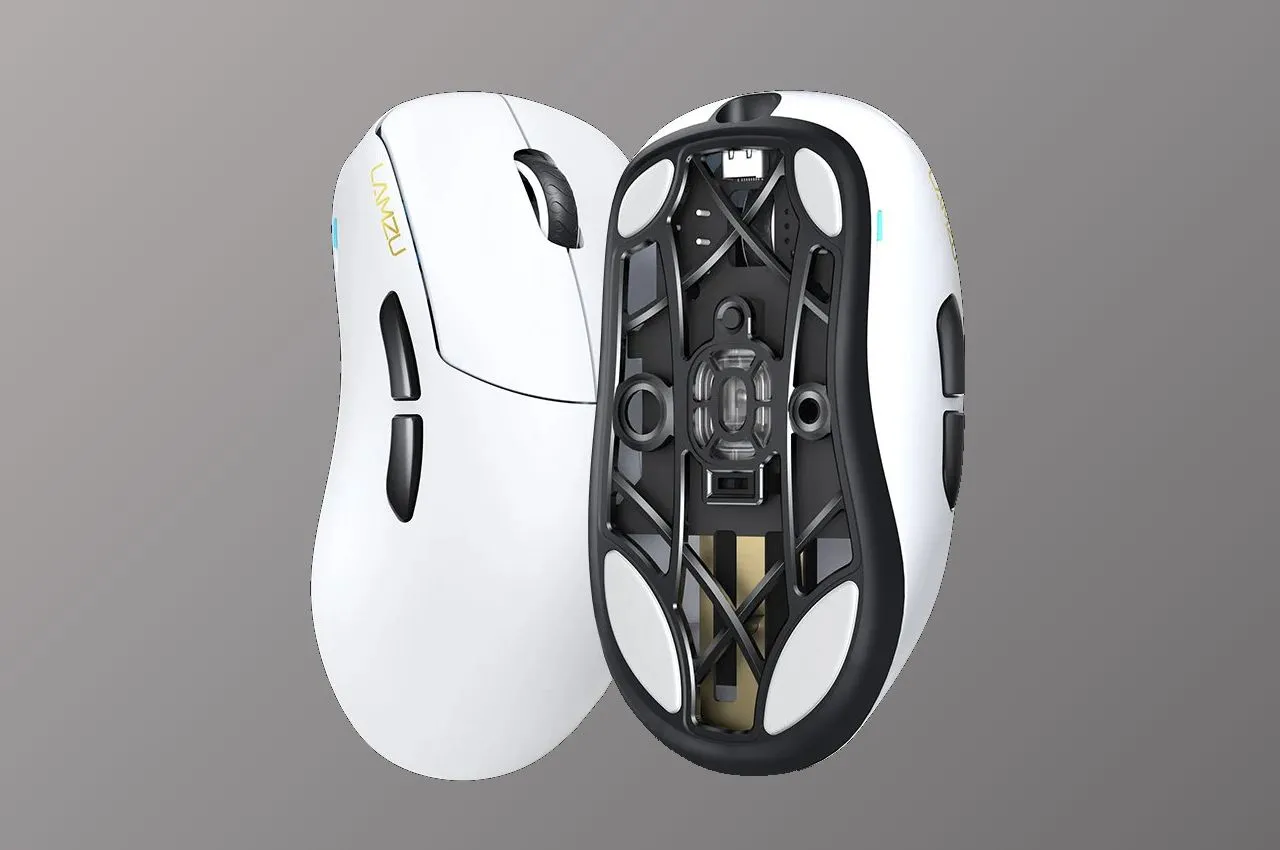 Hình ảnh mặt trên và mặt dưới của chuột chơi game không dây Lamzu Thorn siêu nhẹ với thiết kế công thái học