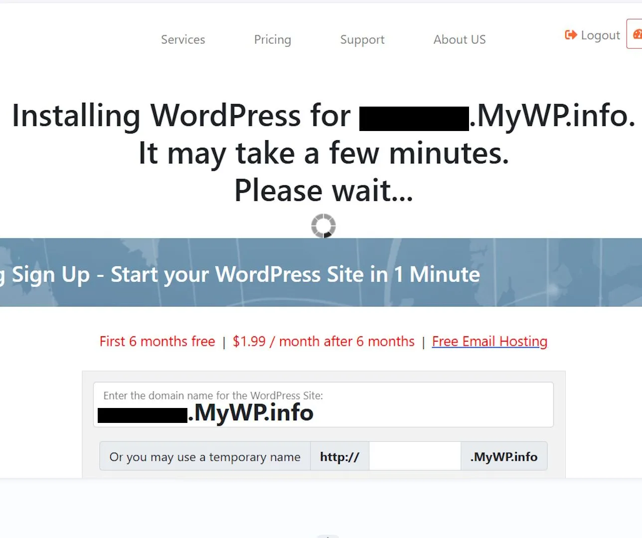 Hình ảnh minh họa giao diện cài đặt WordPress trên bảng điều khiển Free Domain