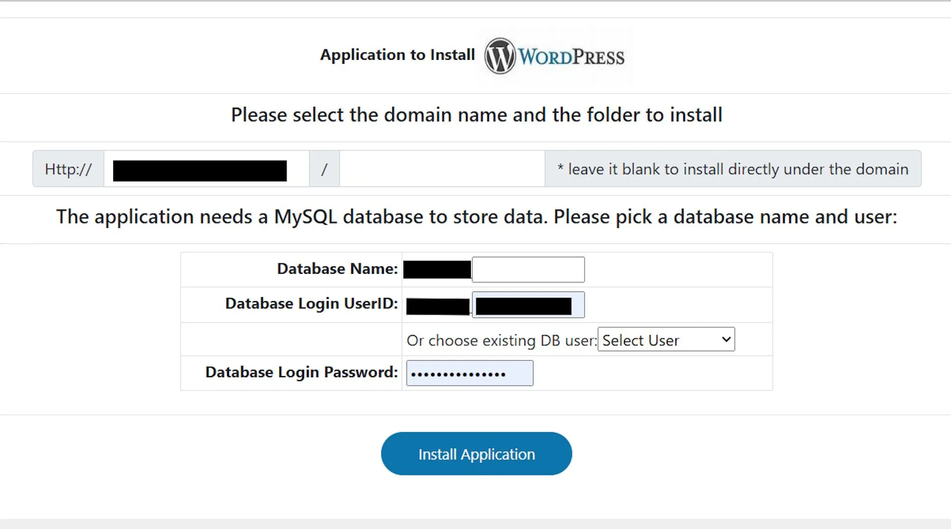 Hình ảnh minh họa quá trình cài đặt WordPress trên Free Domain, bao gồm nhập tên database và username
